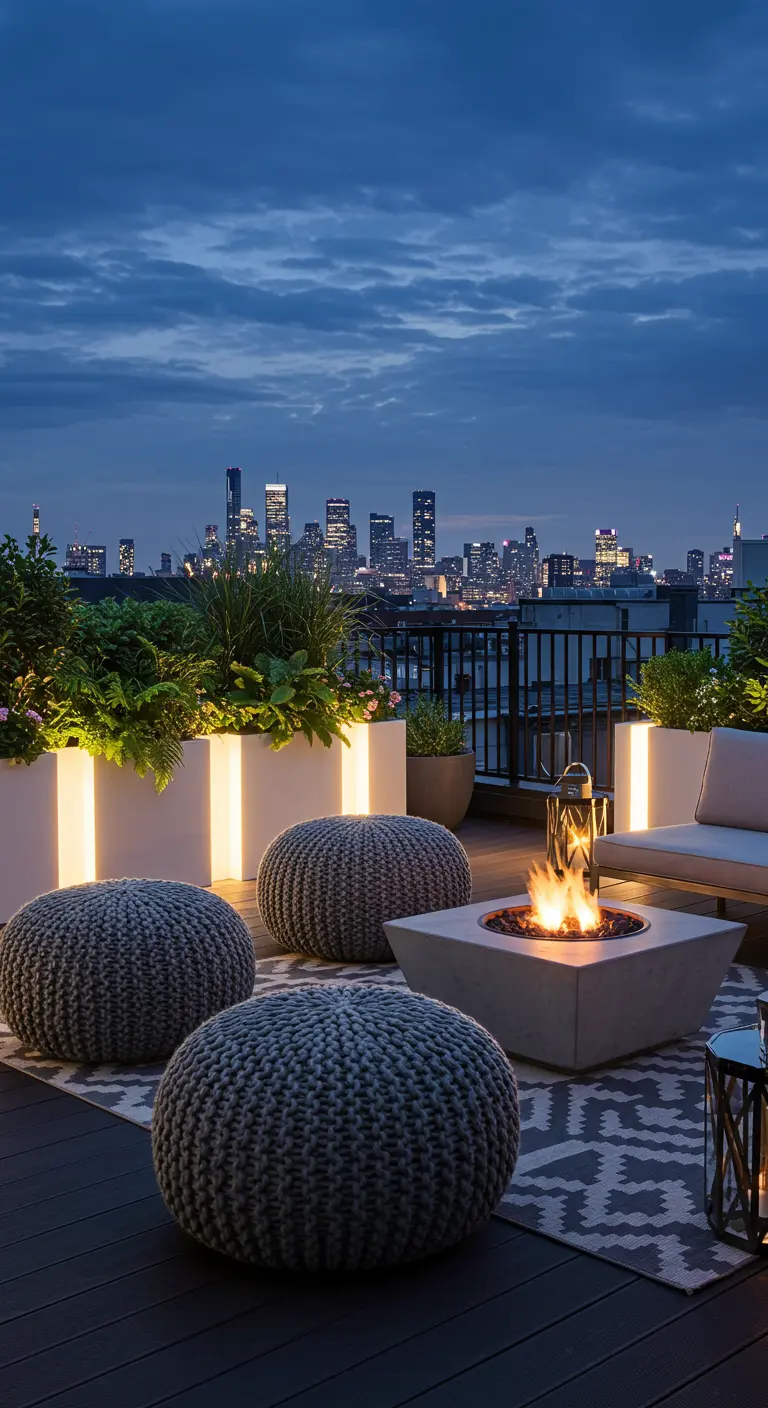 Cozy rooftop lounge with knit poufs, a fire pit, and glowing planters against a city skyline.