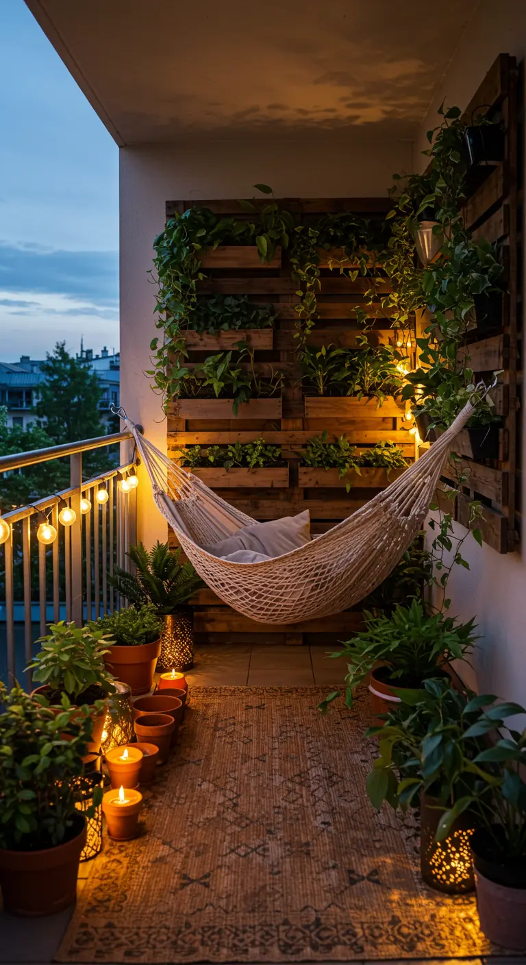 A cozy balcony at dusk with a woven hammock, a vertical pallet garden, and warm string lights.