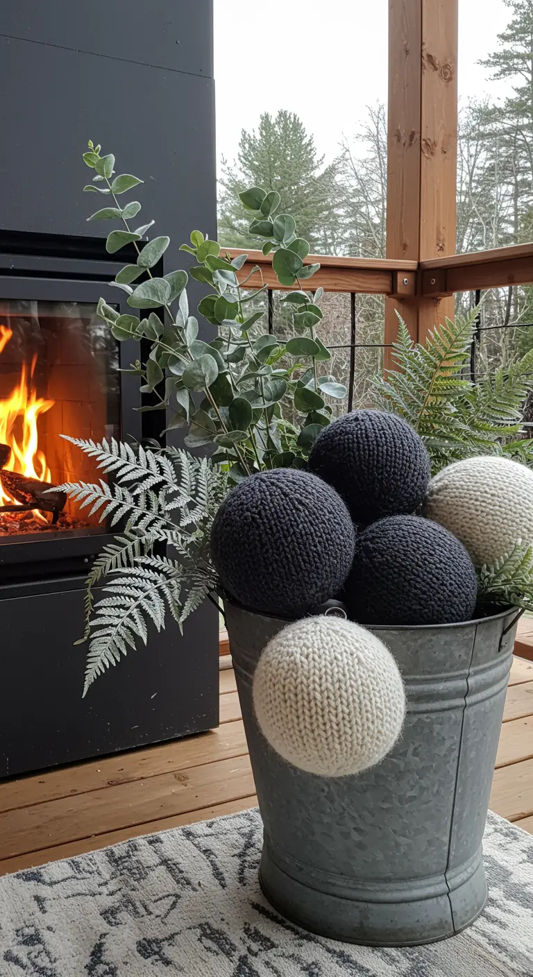 A galvanized bucket with ferns, eucalyptus, and cozy knitted baubles by a fire.
