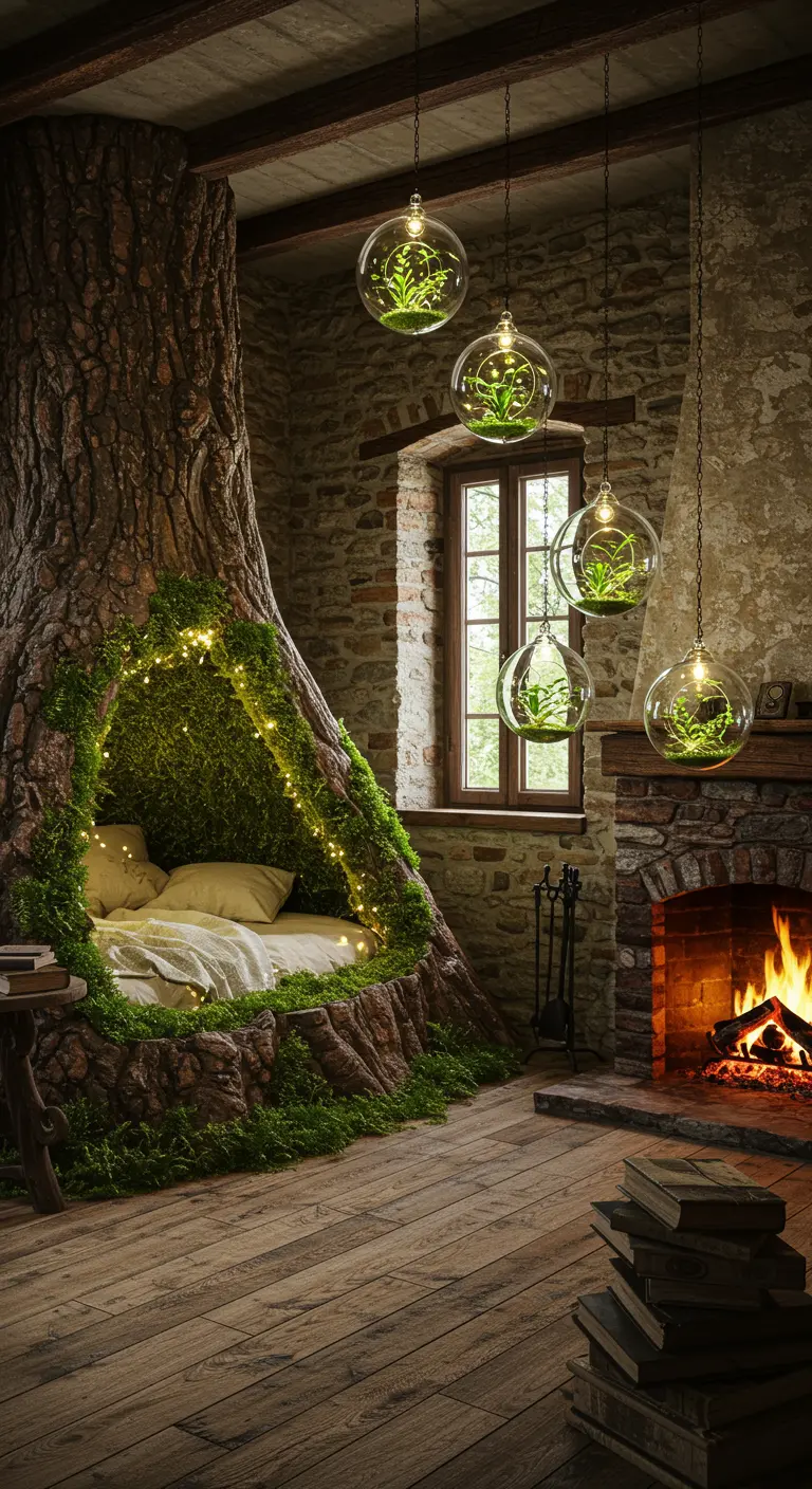 A cozy bedroom nook built into a large tree base, situated next to a stone fireplace.