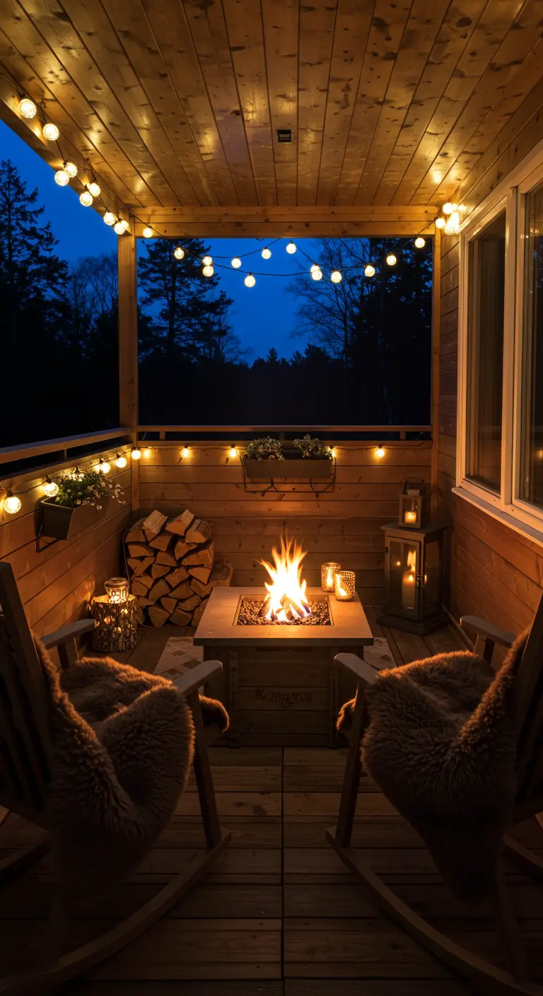 A wood-paneled balcony at night with a fire pit and two rocking chairs.