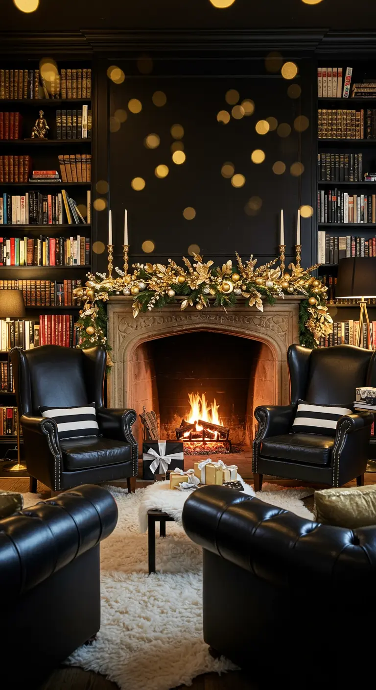 Cozy library with a decorated fireplace and two black leather chairs.