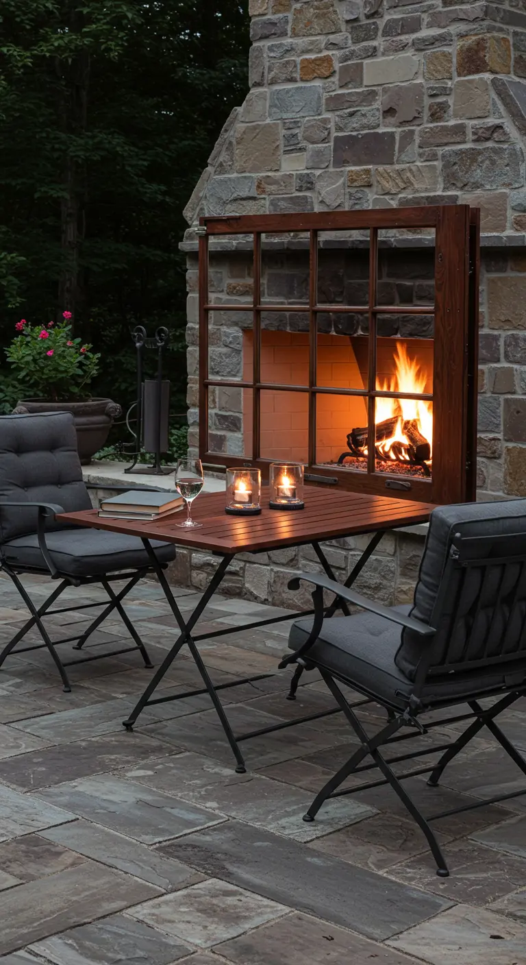 A dark wood window frame stands in front of a stone outdoor fireplace, reflecting the warm fire.