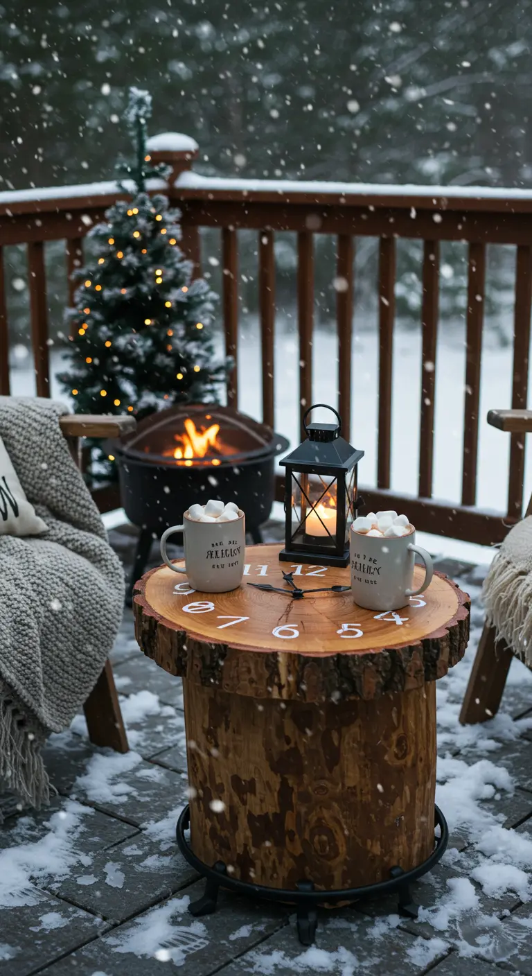 A log slice table with a log base on a snowy deck next to a fire pit and lantern.
