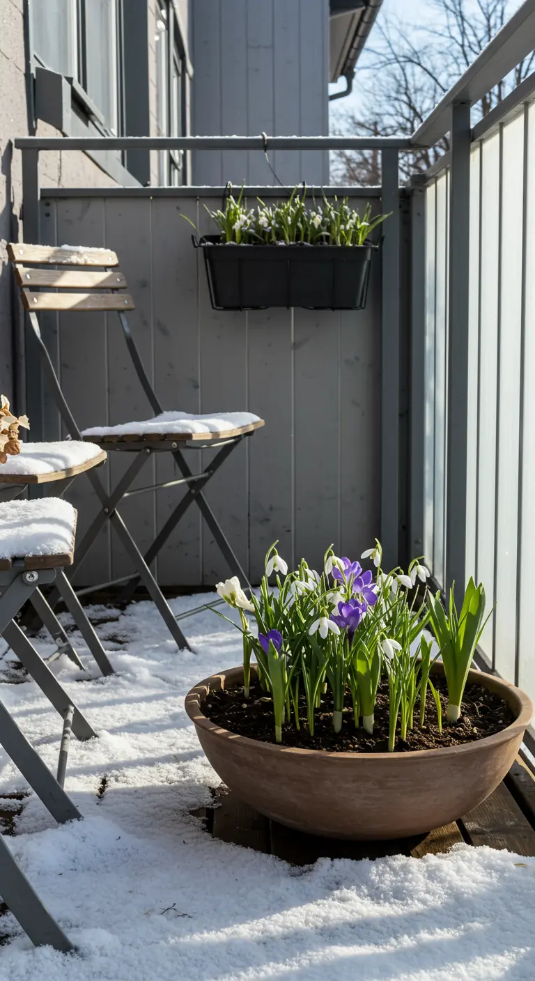 A terra-cotta bowl filled with blooming snowdrops and crocuses sitting in the snow.