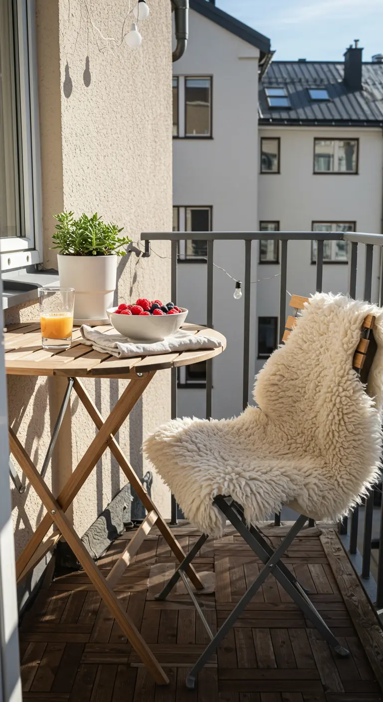 A simple breakfast of berries and juice set up on a small folding table on a balcony.