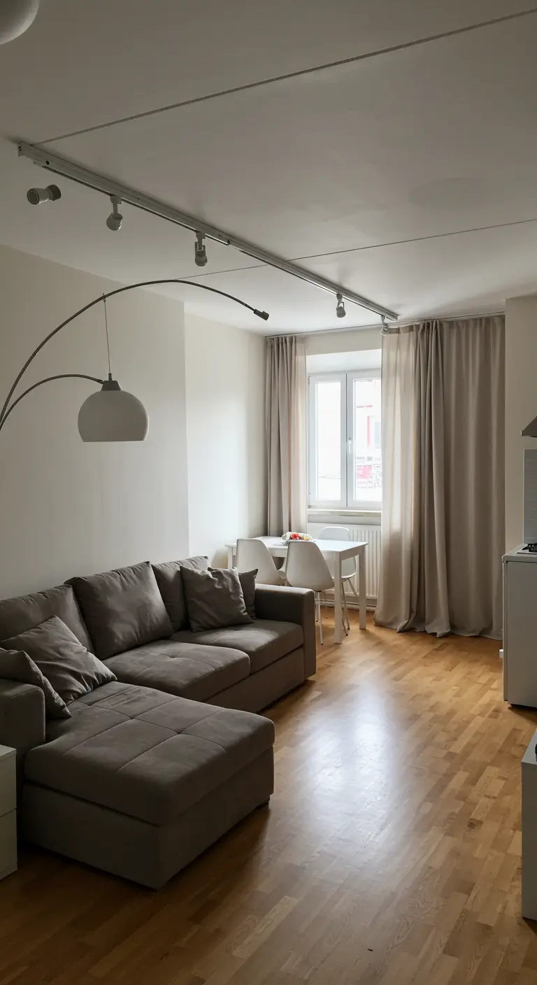 A compact living and dining area separated by a simple beige curtain.