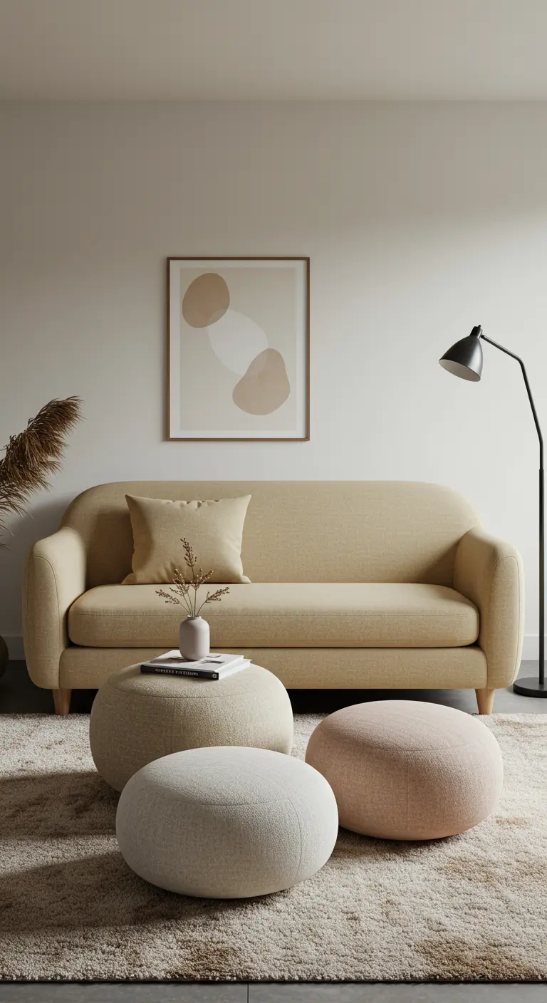 A beige sofa with three round poufs of different sizes and colors used as a coffee table.