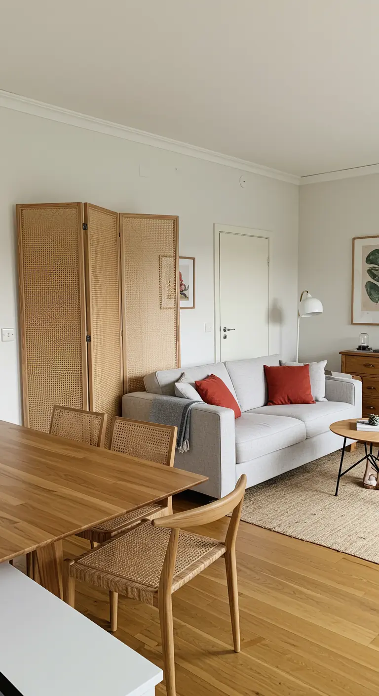 A light wood cane screen partially separates a dining table from a sofa area.