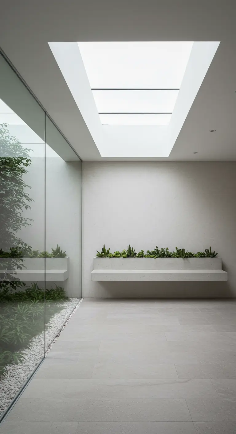 A white, floating concrete planter bench in a minimalist glass-walled atrium with a skylight.