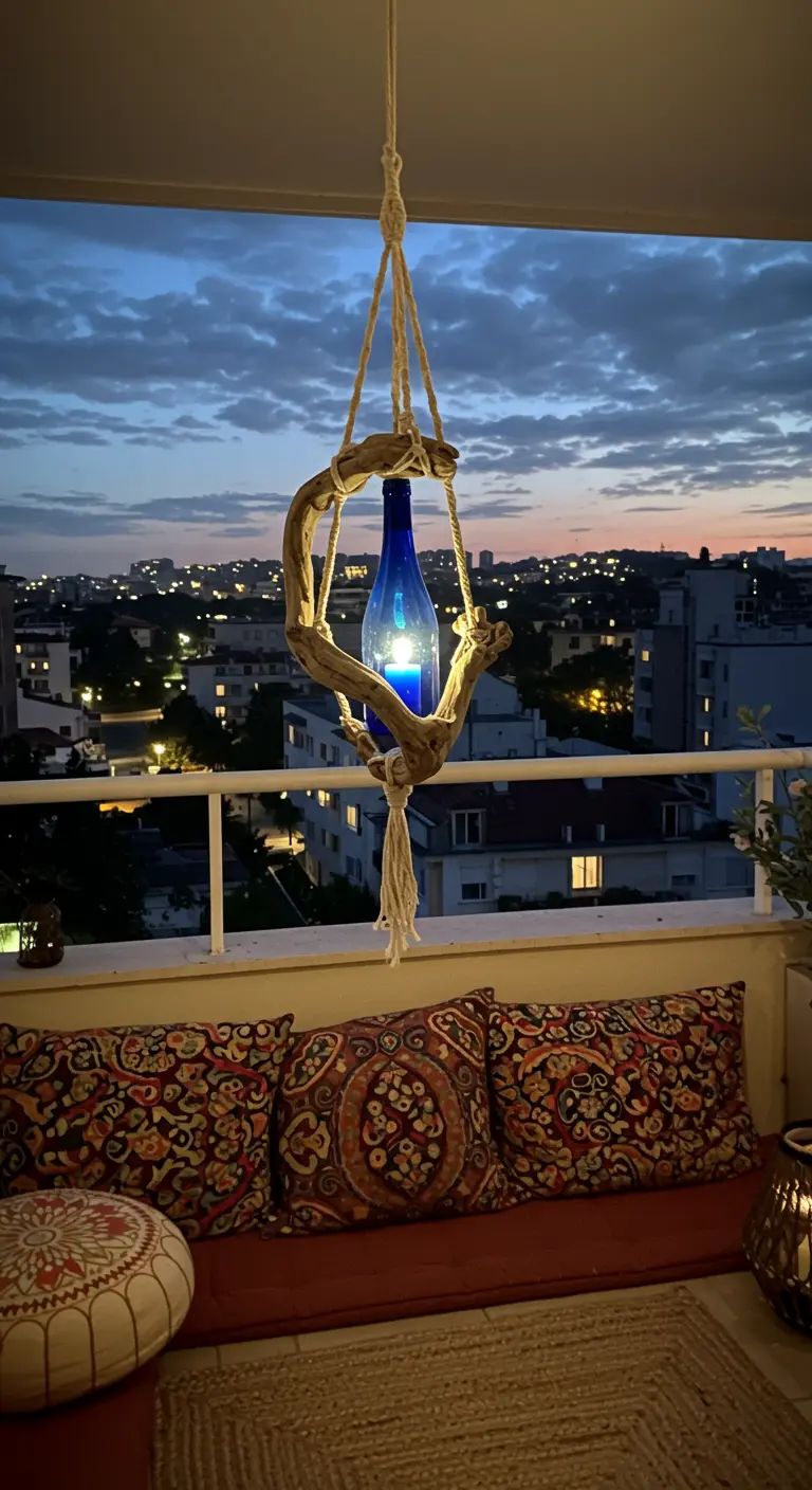 A hanging lantern made from a blue wine bottle and driftwood on a city balcony.