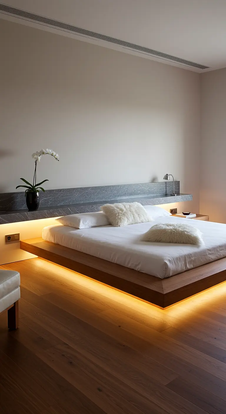 A minimalist bedroom with a floating bed and a long marble ledge headboard.