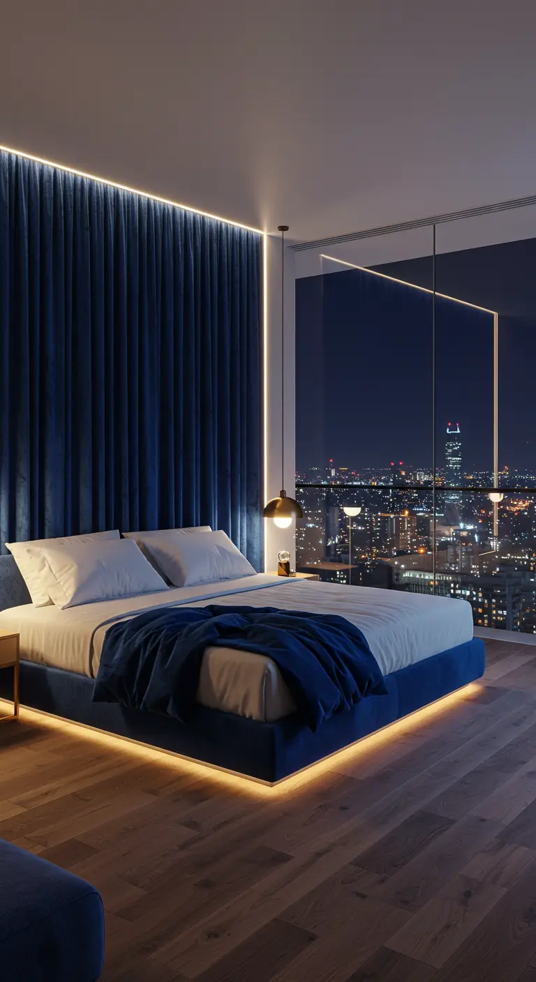 Modern bedroom with a blue velvet bed illuminated by LED strips, overlooking a city at night.