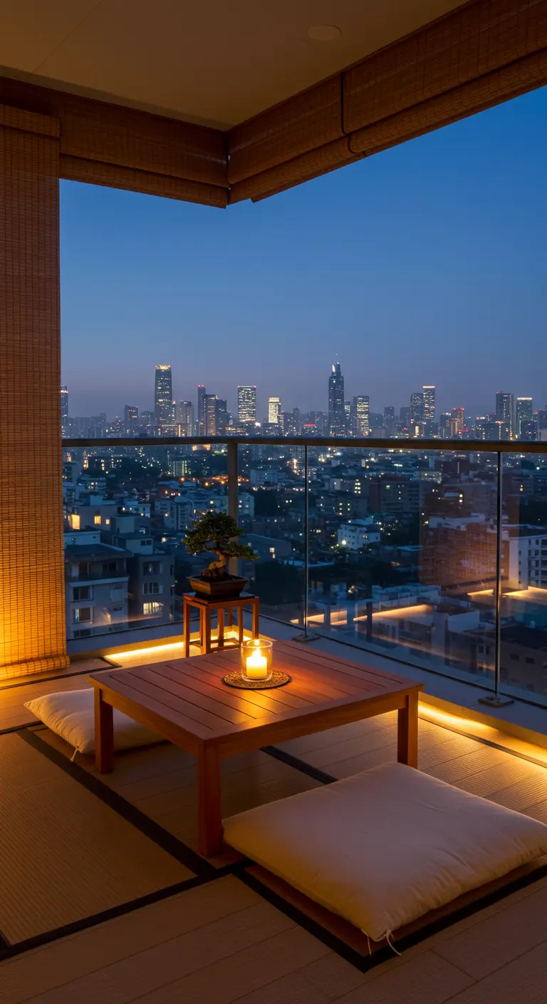A balcony with a glass railing overlooking a city at dusk, with LED lighting under the floor.