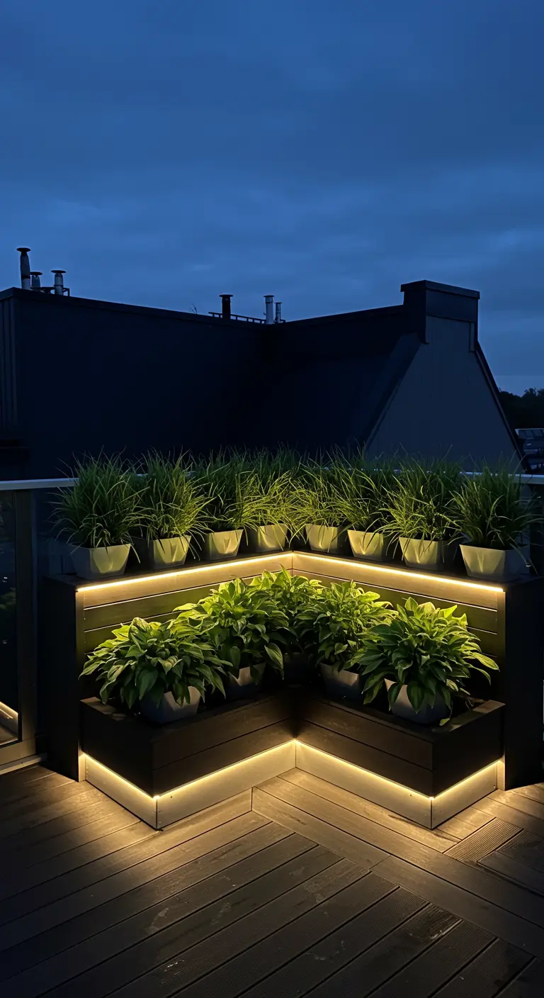 A tiered corner planter on a wooden deck, underlit with LEDs, filled with grasses and hostas.