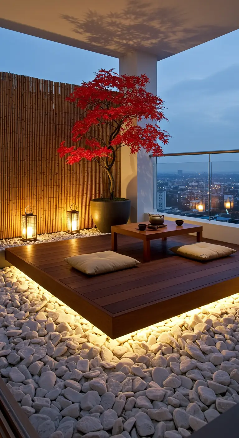 Raised wooden deck on a balcony with a red Japanese Maple and glowing stones underneath.