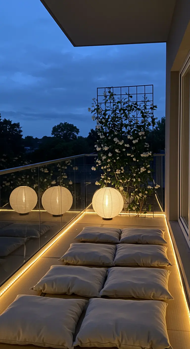 A modern balcony at night with illuminated floor edges, paper lanterns, and minimalist cushions.