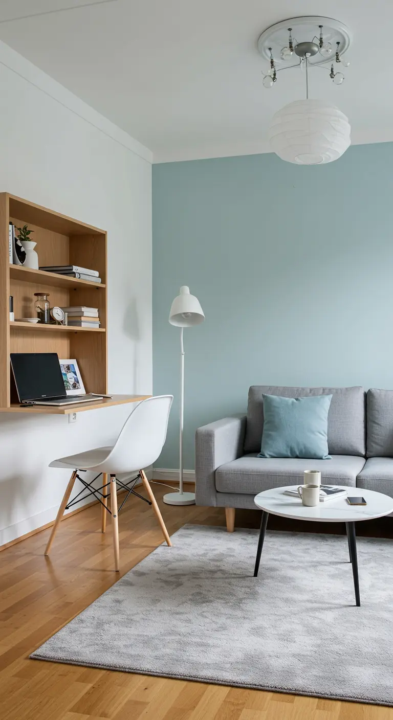 A wall-mounted light wood desk and shelf in a living room with a gray sofa and soft blue wall.