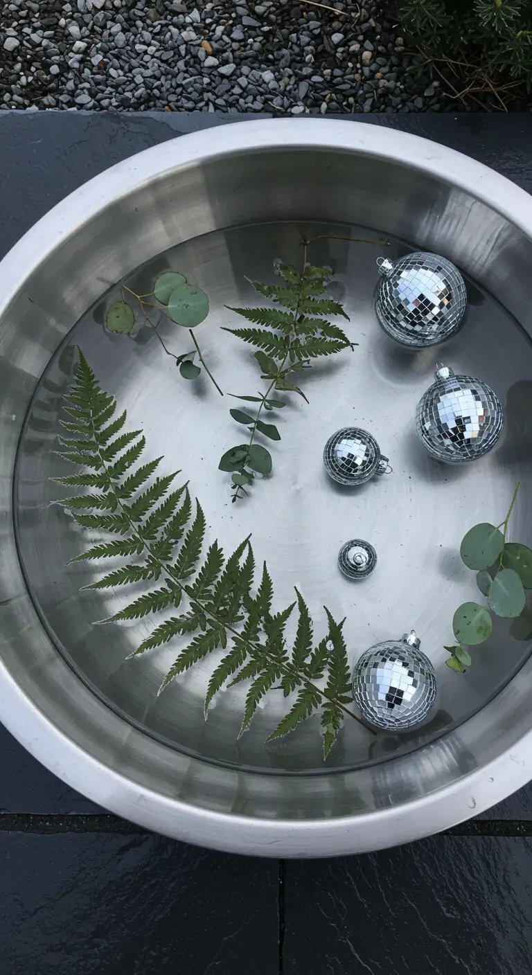 A metal bowl of water with floating disco ball baubles and fern leaves.