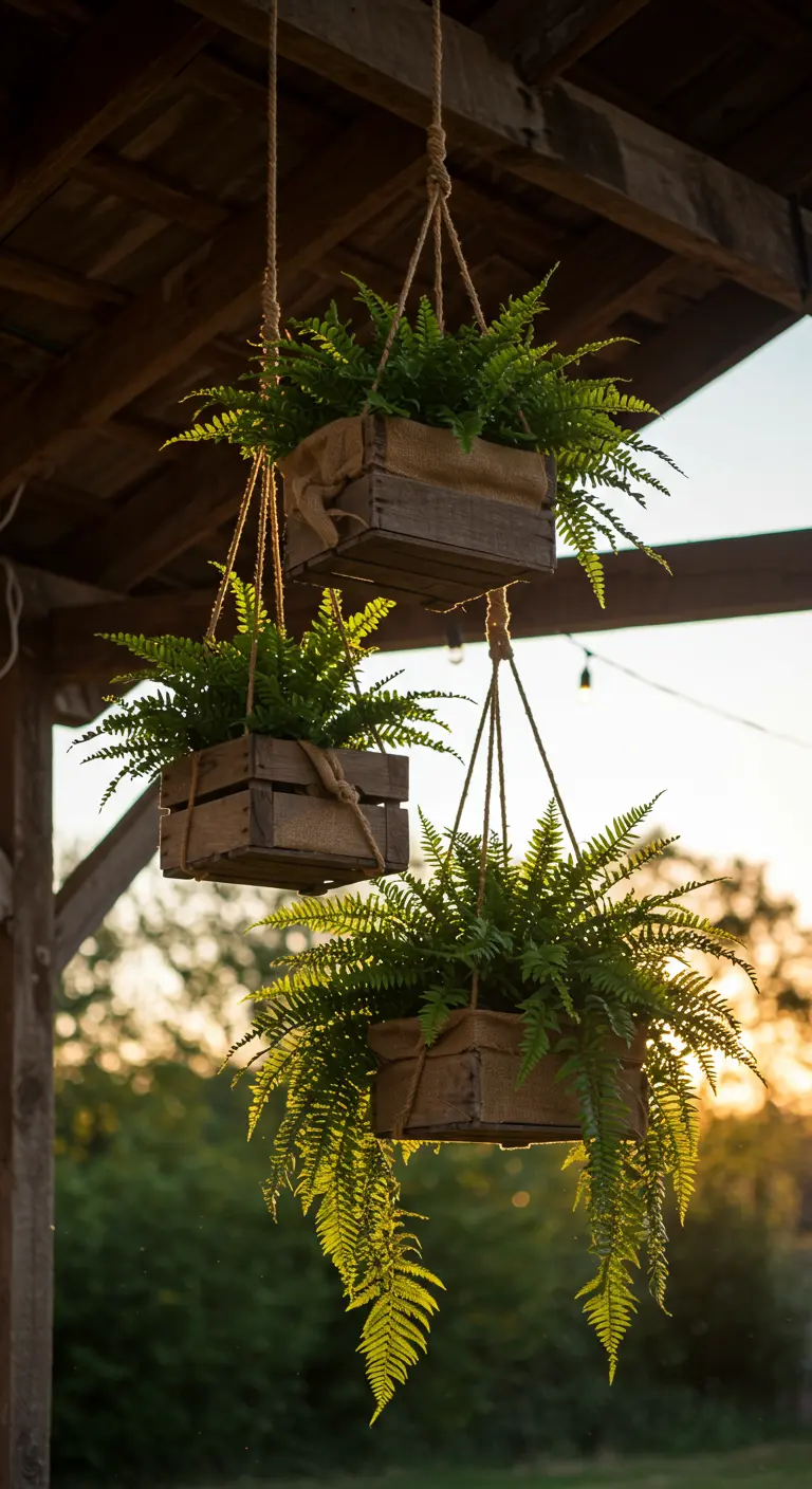 Three rustic wooden crates filled with ferns, hanging from thick ropes under a wooden porch roof.