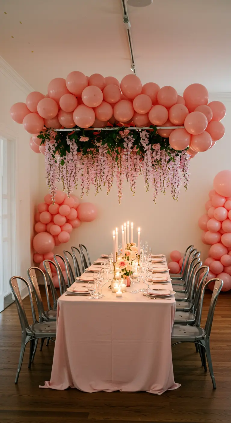 A cloud of pink balloons and dripping flowers hanging over a dinner table.