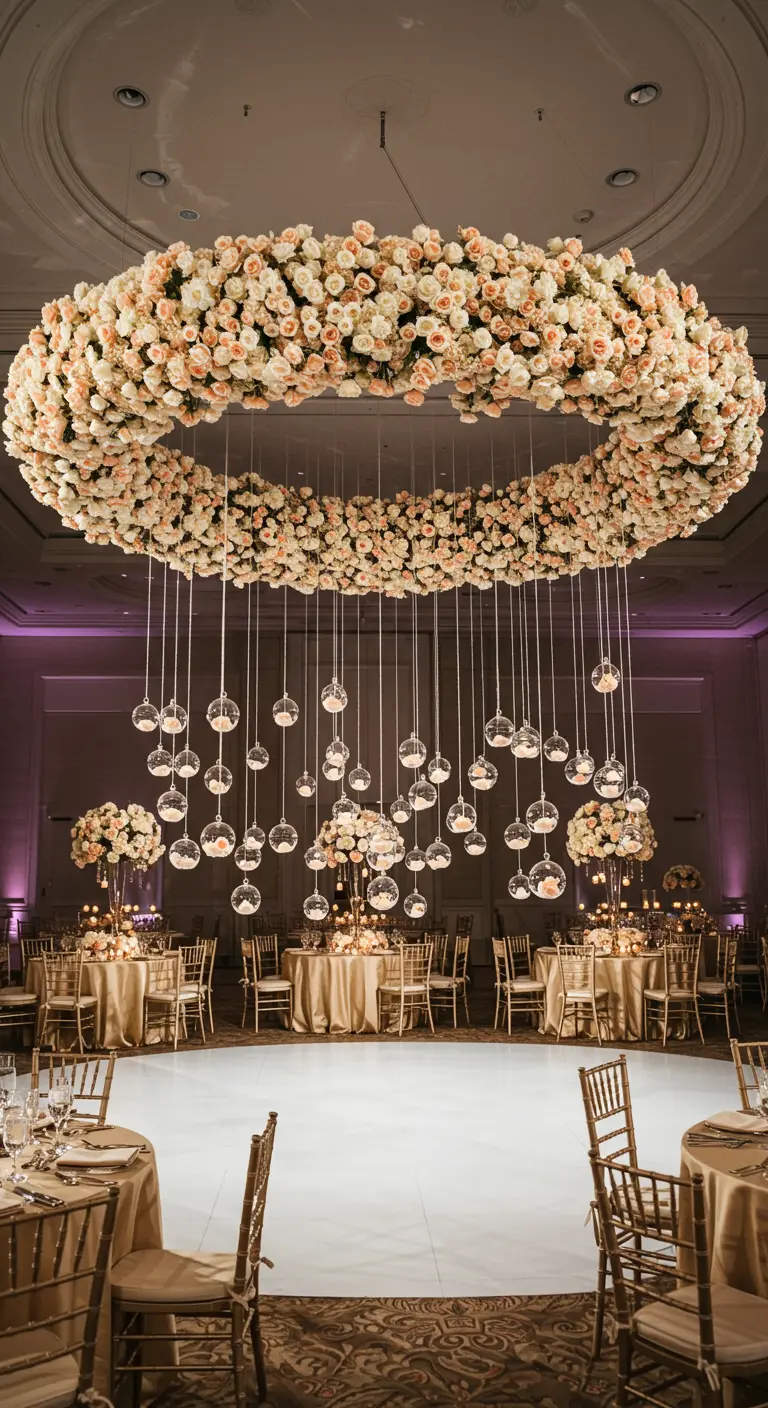 A large, circular floral wreath of pink and white roses with hanging glass globes over a dance floor.