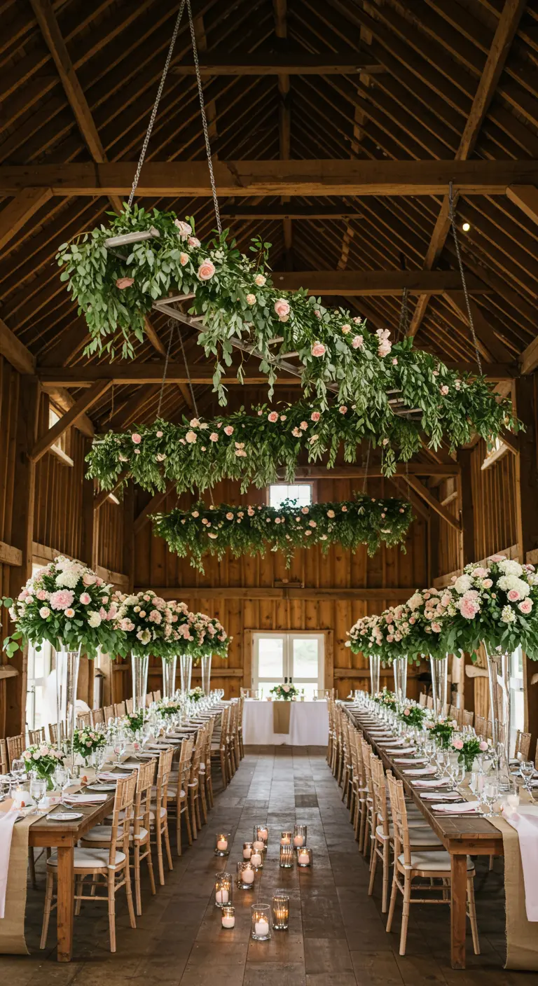 Hanging floral ladders decorated with greenery and roses over long tables.
