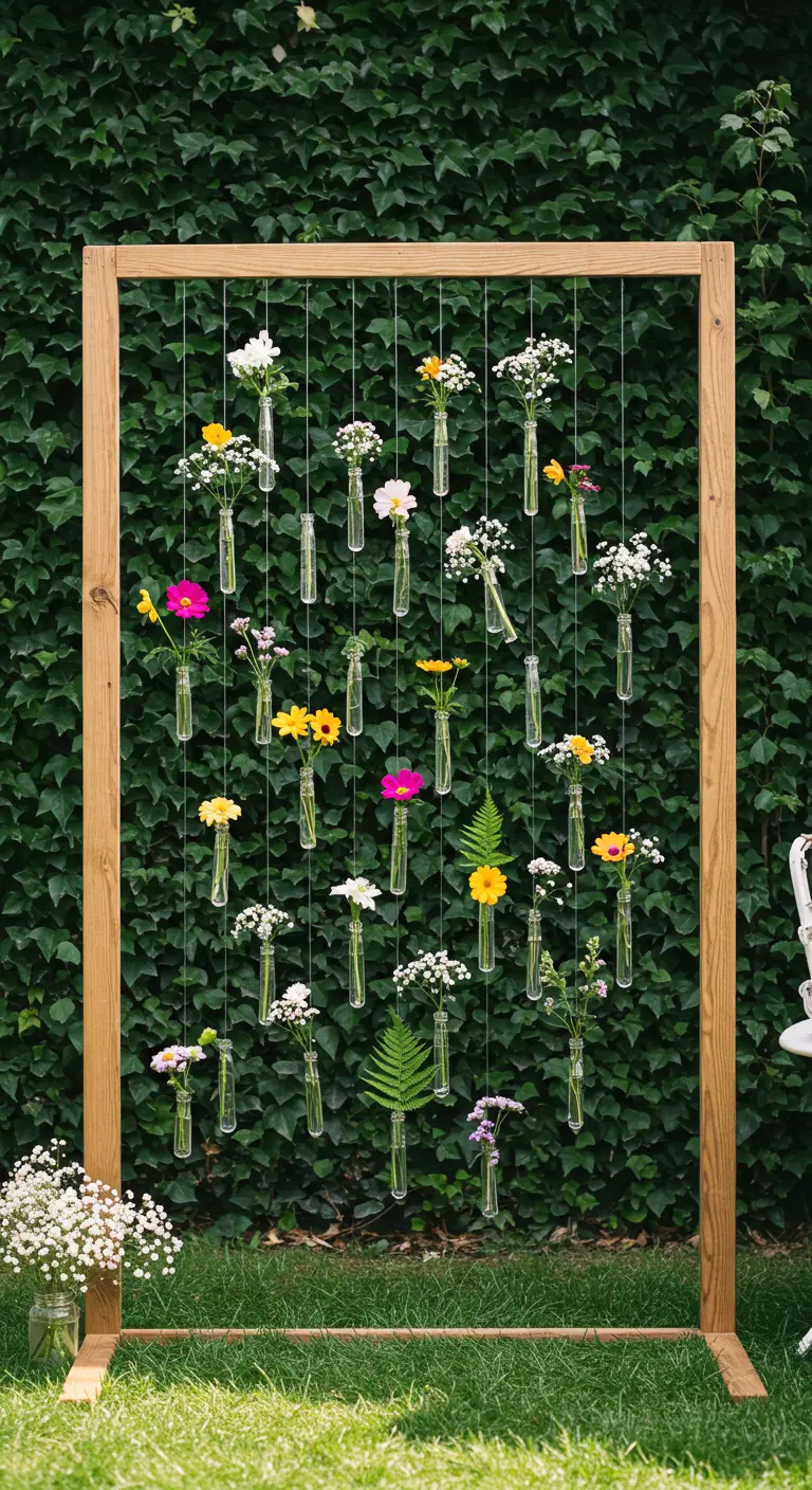 A wooden frame with strings of single flowers in bud vases, creating a floating flower photo backdrop.