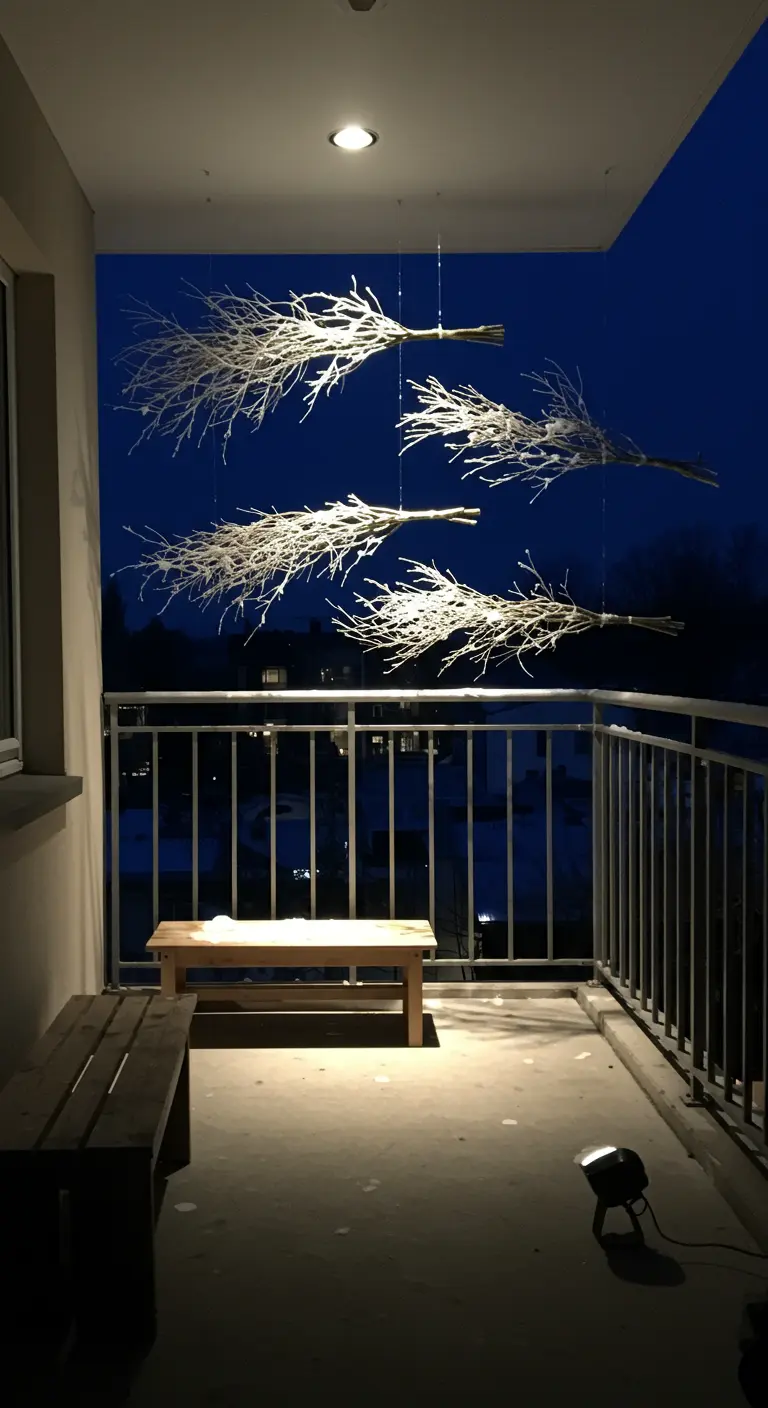 White branches wrapped in lights hanging horizontally from a balcony ceiling at night.