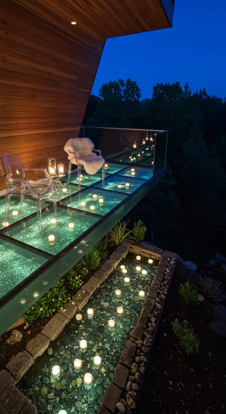 A modern balcony with a glass floor, where candles seem to float above a water feature below.