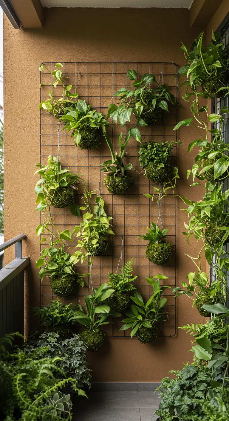A wire grid on a balcony wall displays a collection of hanging kokedama moss ball plants.