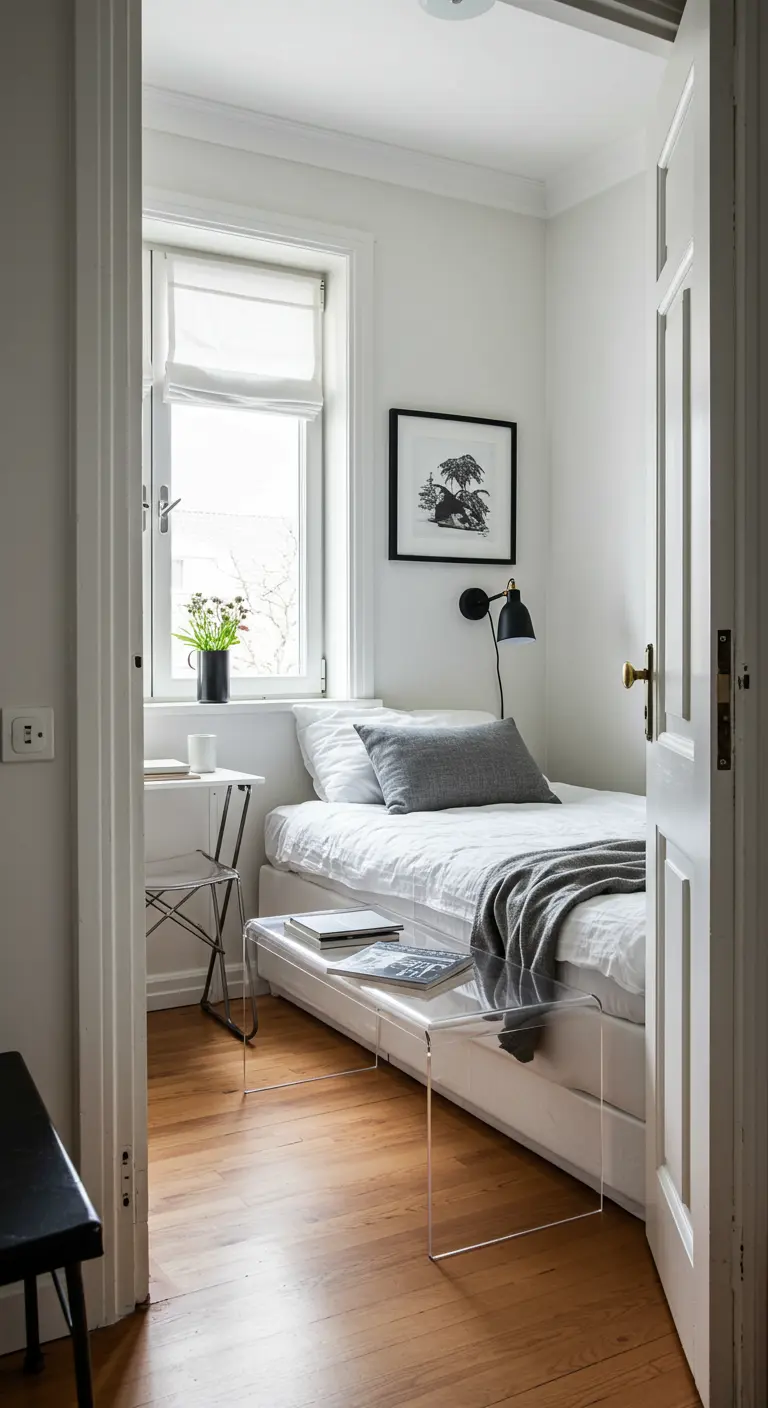 A very narrow bedroom with a transparent acrylic bench placed over the foot of the bed.