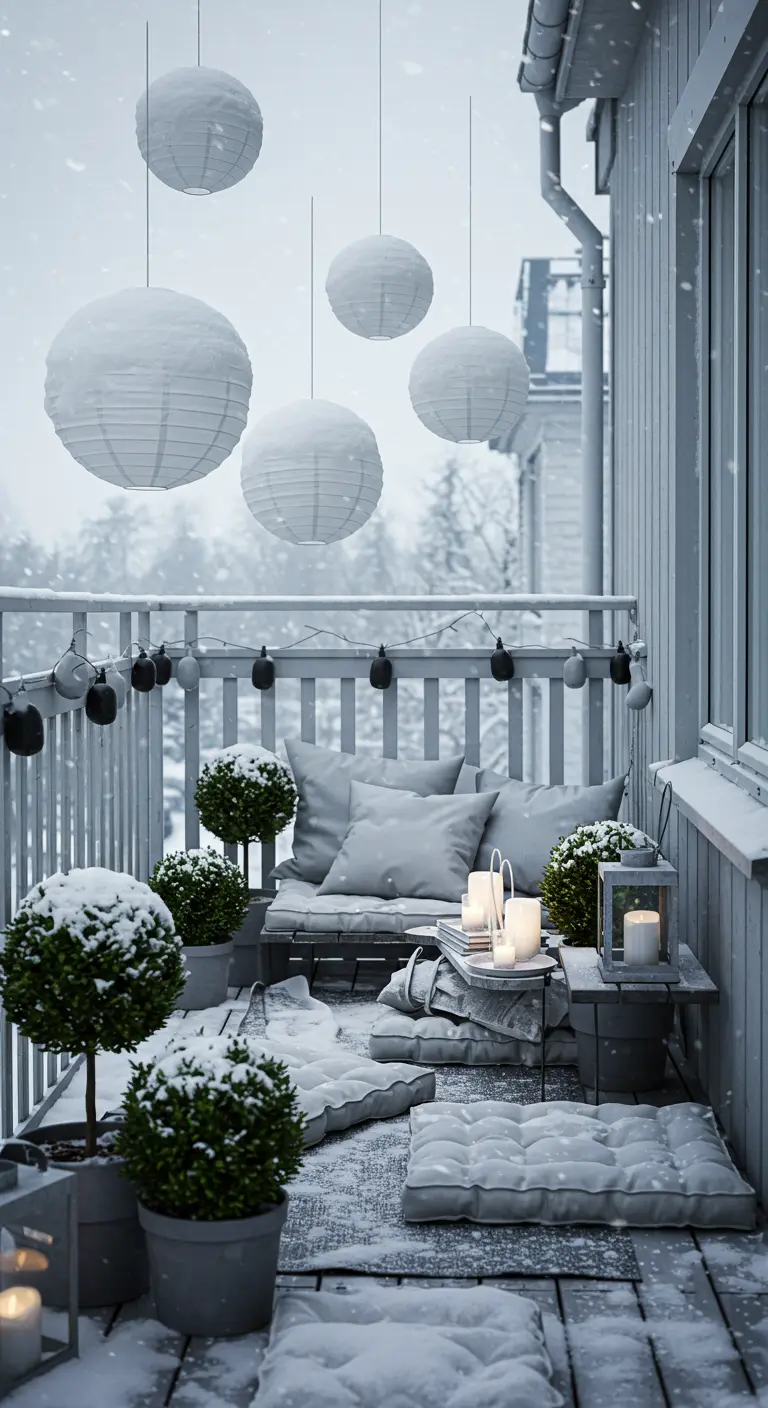 A dreamy balcony with white paper lanterns hanging above a cozy seating area with floor cushions.