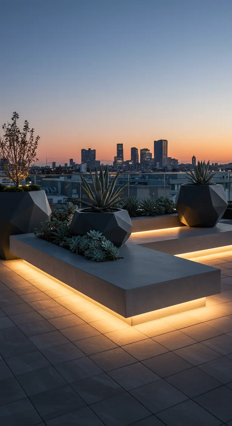 A modern rooftop patio with illuminated concrete benches and geometric succulent planters at dusk.