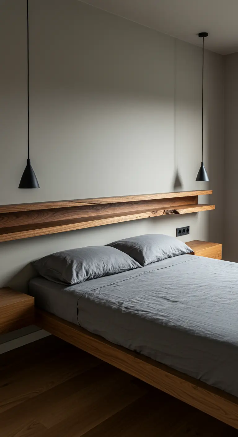 A sleek bedroom with a long, floating wood shelf headboard and hanging black pendant lights.