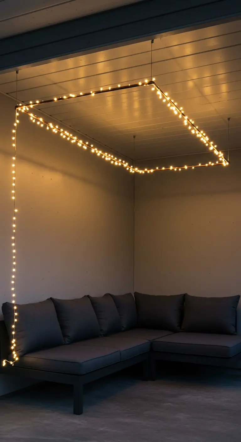 A square copper frame wrapped in fairy lights, suspended from the ceiling over a sofa.