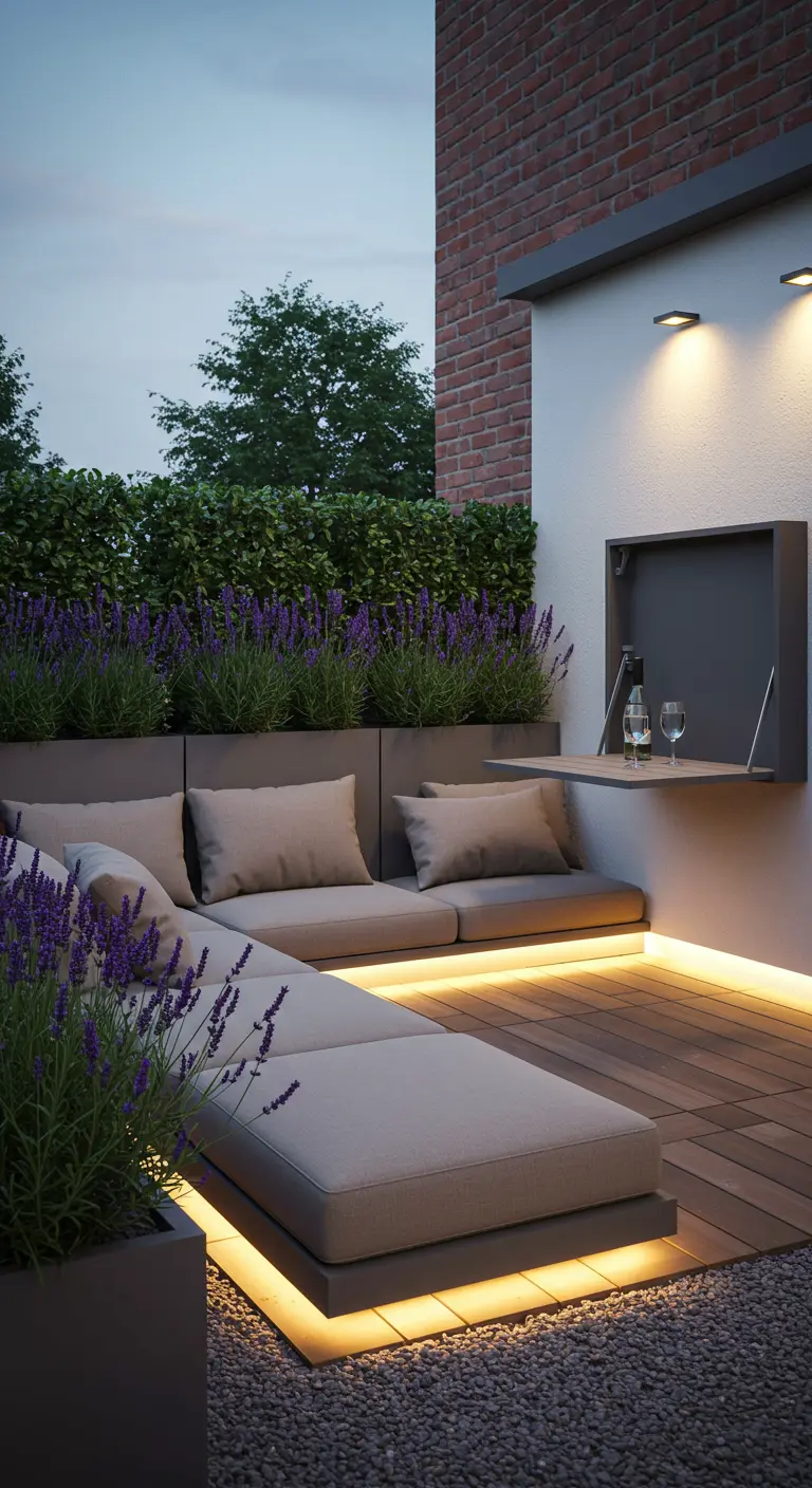 A modern patio with a built-in sectional sofa illuminated from below with warm LED lights.
