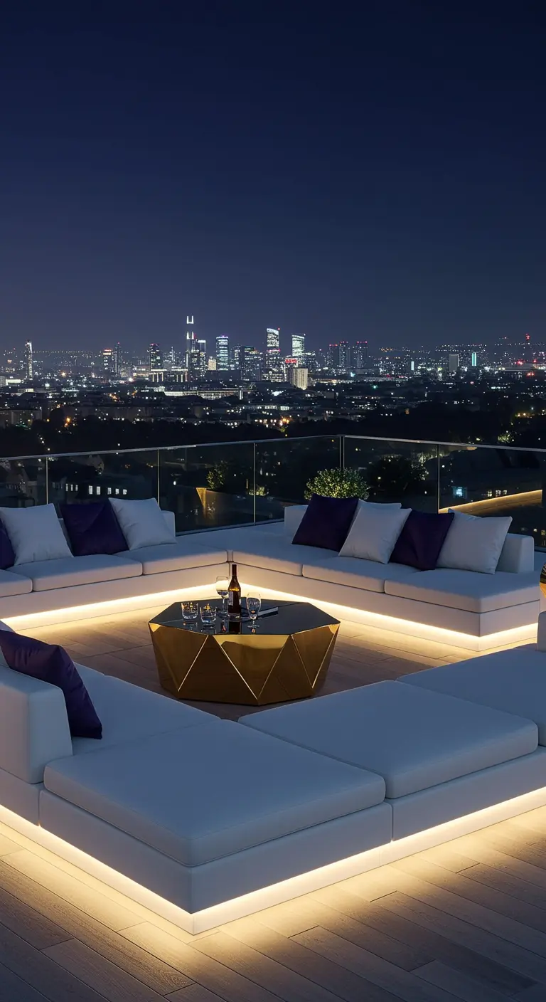 A modern sunken lounge with light grey cushions and under-seat lighting, with a geometric gold table.
