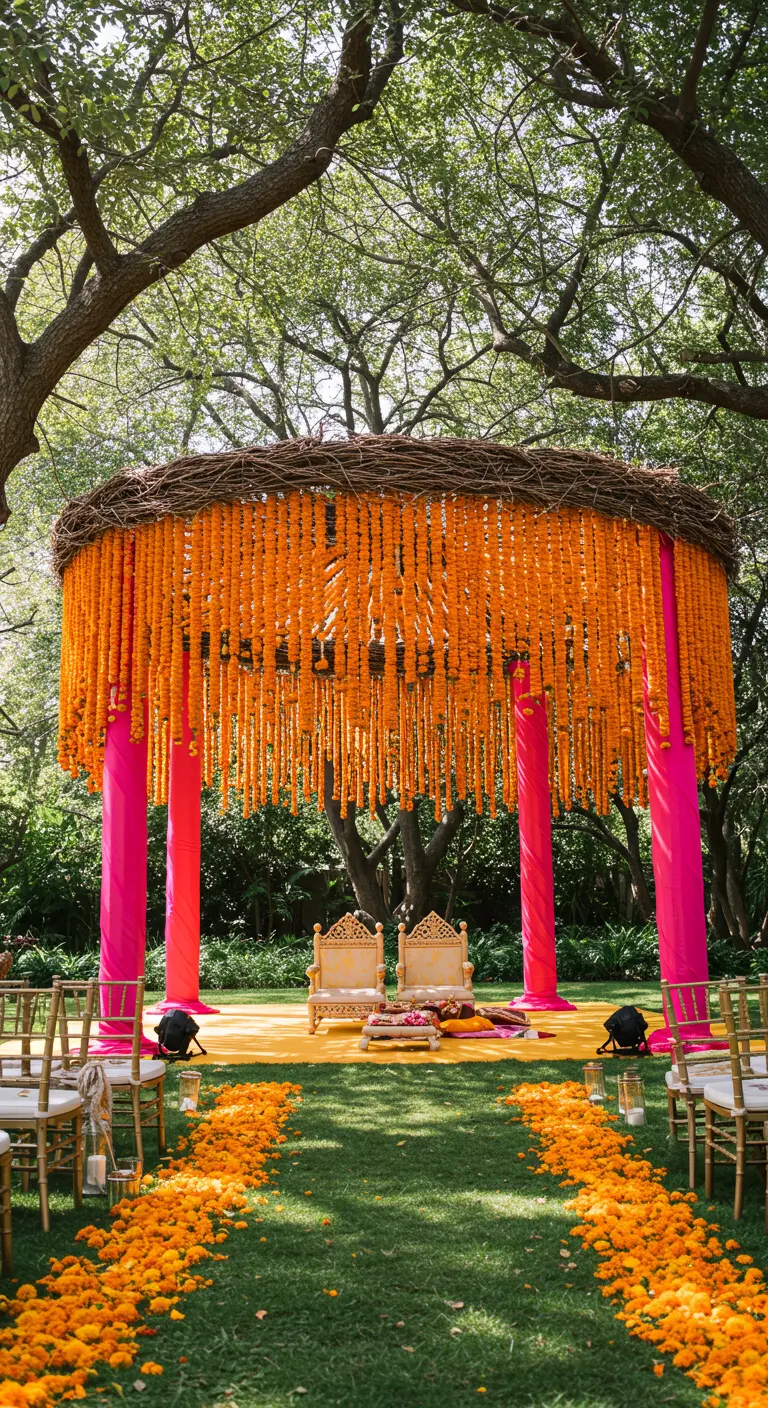 A circular mandap with a halo of hanging orange marigolds and bright pink pillars.