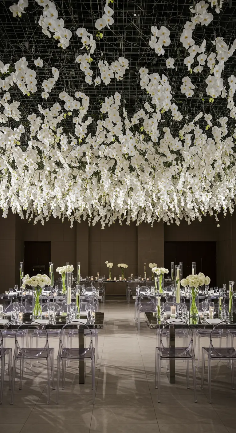 Individually suspended white orchids create a floating effect over modern tables.