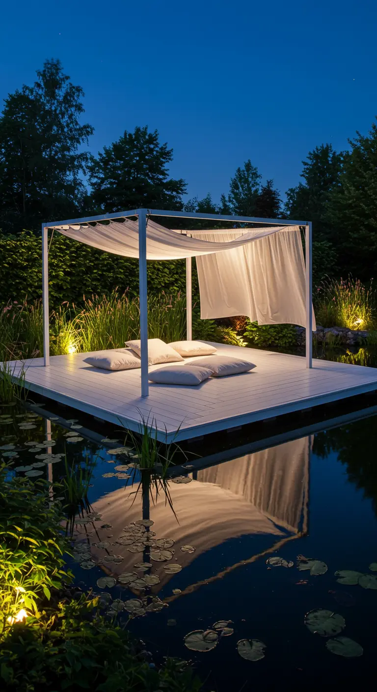 A white-draped daybed on a platform over a pond, lit by spotlights from the garden.