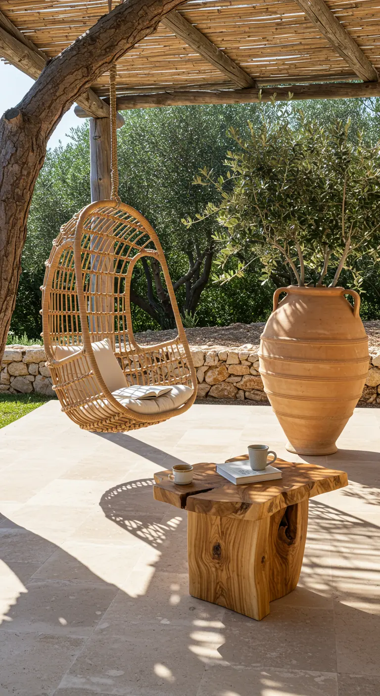 A rattan hanging chair and a live-edge olive wood table under a pergola.
