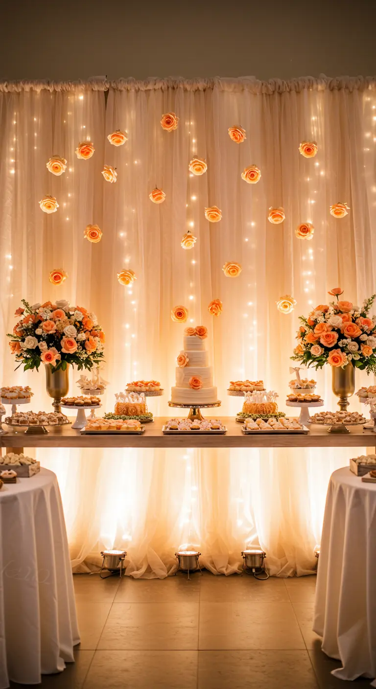 A wedding dessert table with a backdrop of fairy lights and individually suspended peach roses.