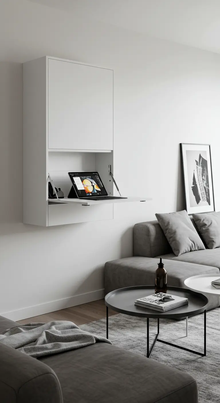 A sleek, white wall-mounted cabinet that folds down to reveal a desk surface for a tablet.