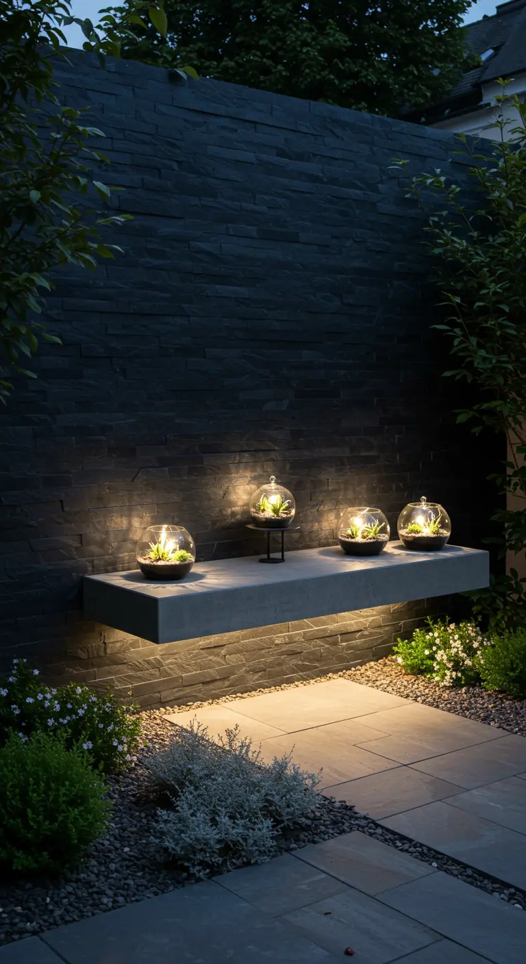 A floating concrete bench against a dark slate wall, adorned with small, lit succulent terrariums.