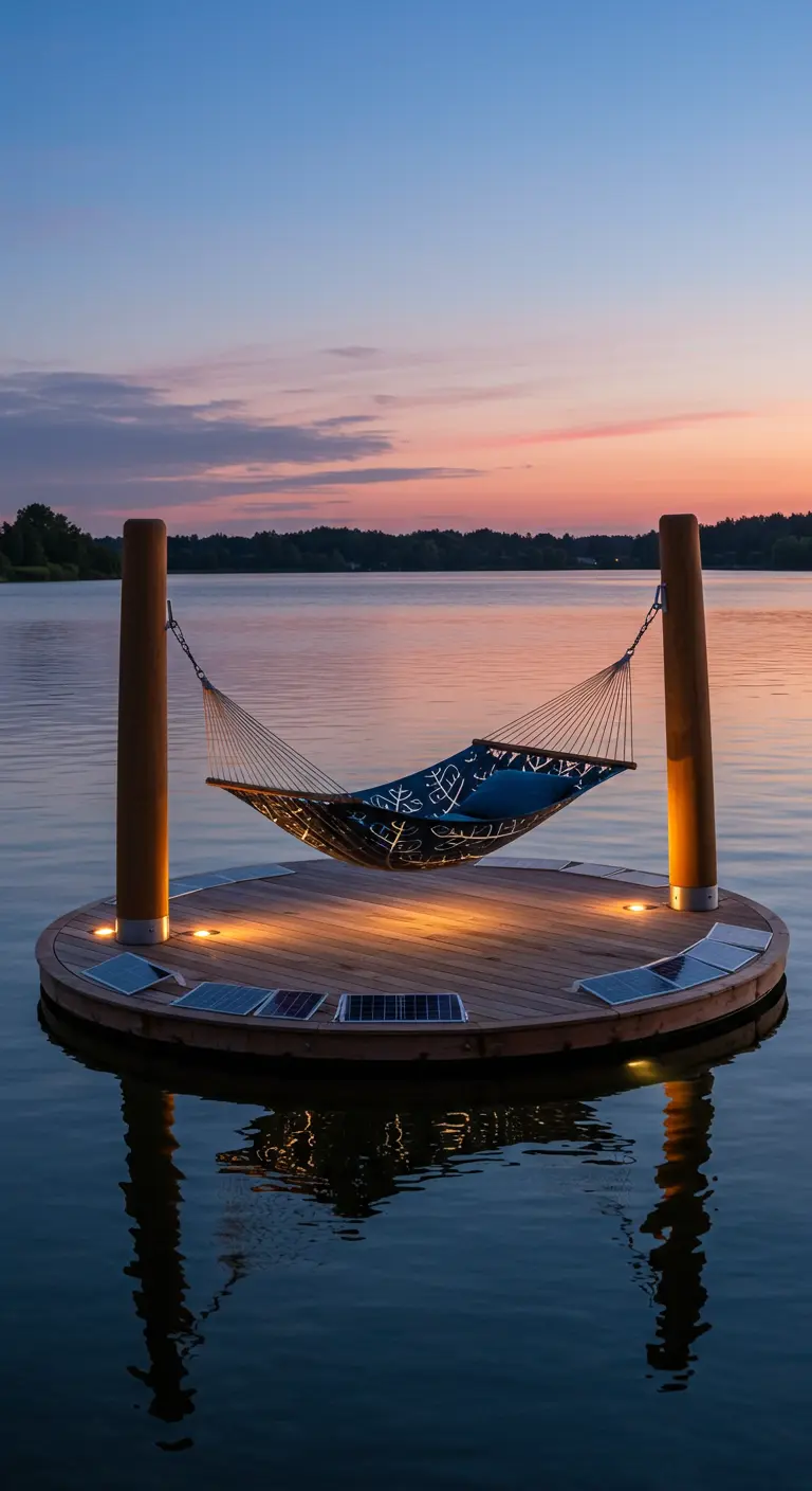 A modern hammock on a floating circular dock with integrated solar lights at sunset over a lake.