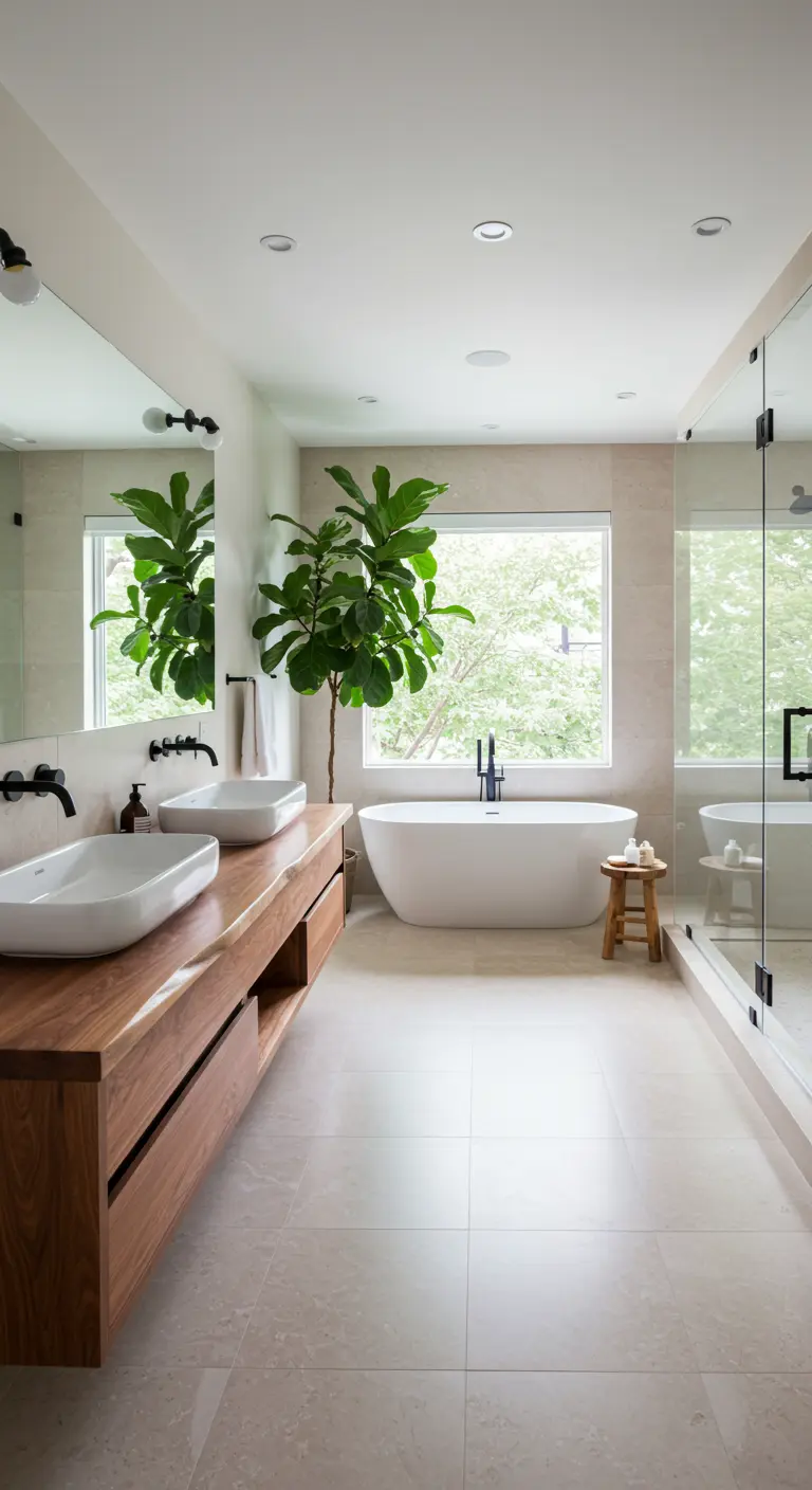 Bright bathroom with a long wood floating vanity, two sinks, and a fiddle-leaf fig.