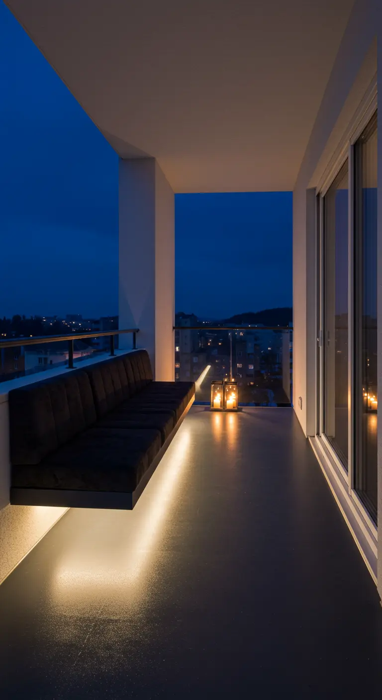 A modern balcony at night with a long, floating black velvet bench illuminated from underneath.