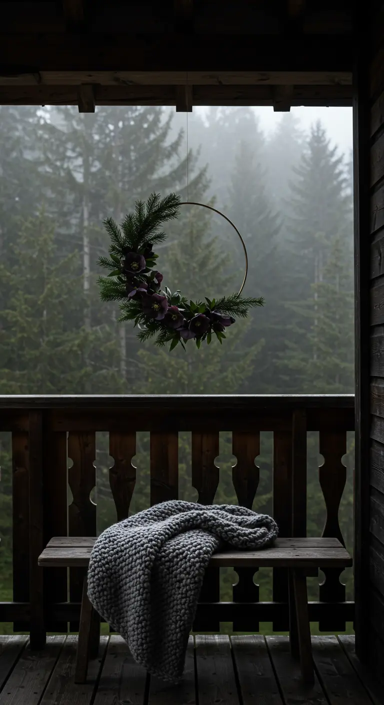 A minimalist brass hoop wreath with hellebores and pine hanging in front of a foggy forest view.
