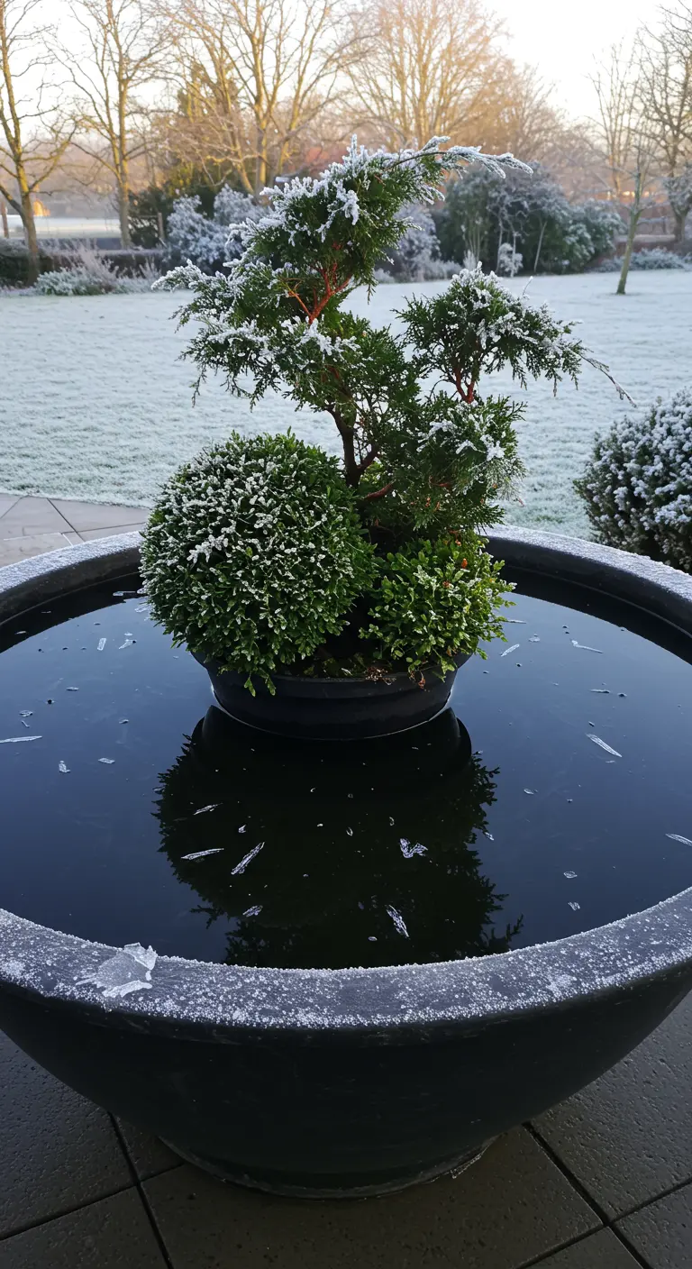 An evergreen arrangement in a black bowl of water with pieces of floating ice.